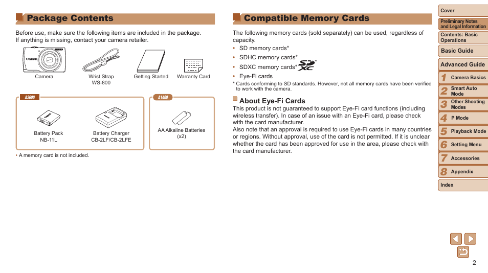 Package contents | Canon PowerShot A2600 User Manual | Page 2 / 124