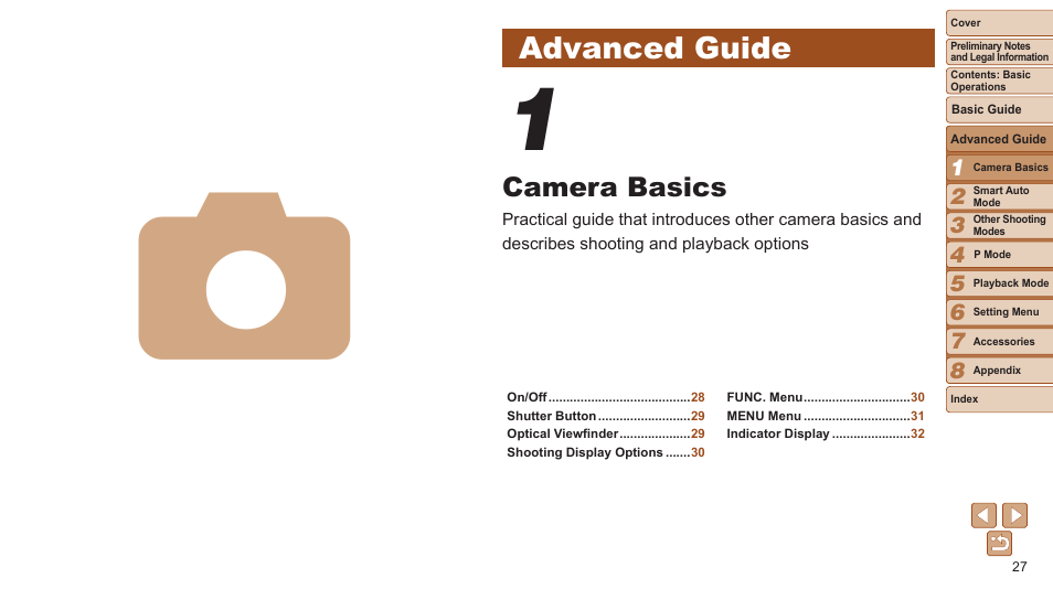 Advanced guide, Camera basics | Canon PowerShot A2600 User Manual | Page 27 / 124