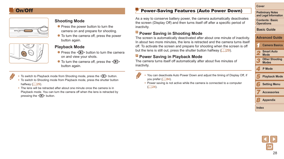 On/off, Power-saving features (auto power down) | Canon PowerShot A2600 User Manual | Page 28 / 124