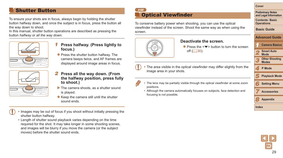 Shutter button, Optical viewfinder, Halfway | Canon PowerShot A2600 User Manual | Page 29 / 124