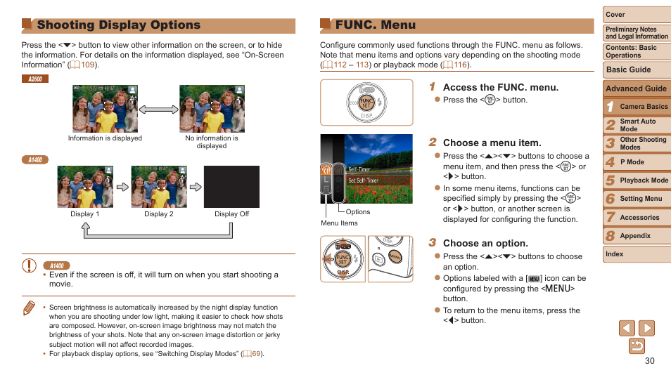 Shooting display options, Func. menu | Canon PowerShot A2600 User Manual | Page 30 / 124