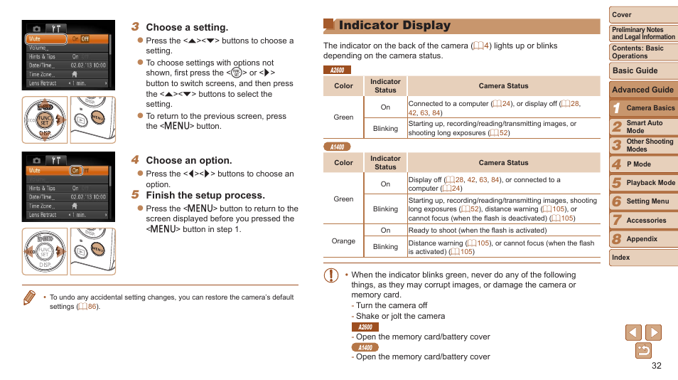Indicator display | Canon PowerShot A2600 User Manual | Page 32 / 124