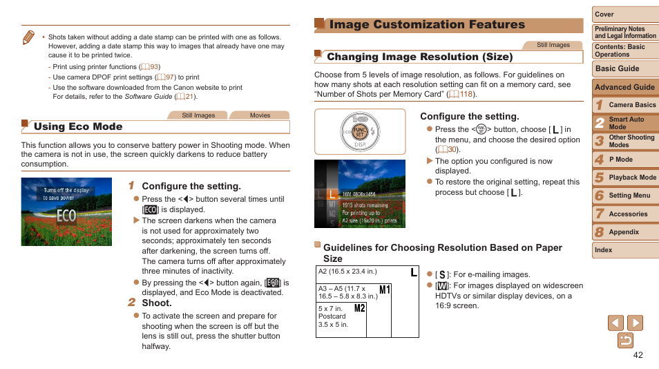 Image customization features, Image customization, Features | Using eco mode, Changing image resolution (size) | Canon PowerShot A2600 User Manual | Page 42 / 124