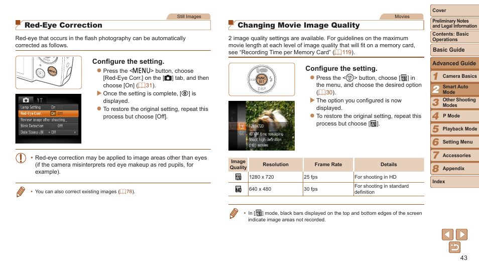 Red-eye correction, Changing movie image quality | Canon PowerShot A2600 User Manual | Page 43 / 124