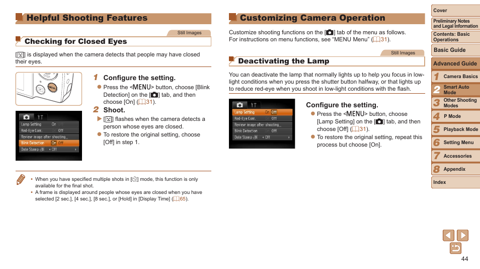 Helpful shooting features, Customizing camera, Operation | Customizing camera operation | Canon PowerShot A2600 User Manual | Page 44 / 124