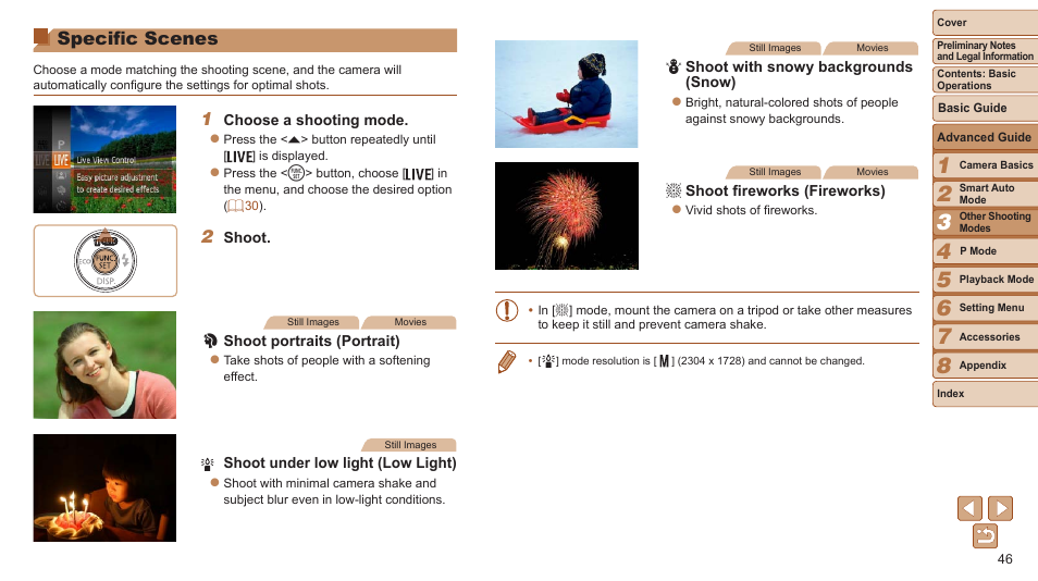 Specific scenes | Canon PowerShot A2600 User Manual | Page 46 / 124