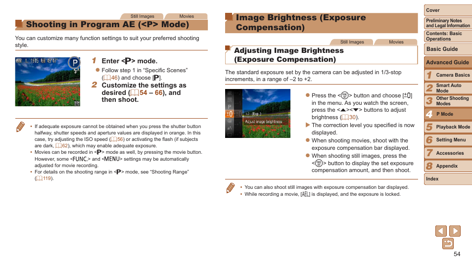 Shooting in program ae, P> mode), Image brightness | Exposure compensation), Shooting in program ae (<p> mode), Image brightness (exposure compensation) | Canon PowerShot A2600 User Manual | Page 54 / 124
