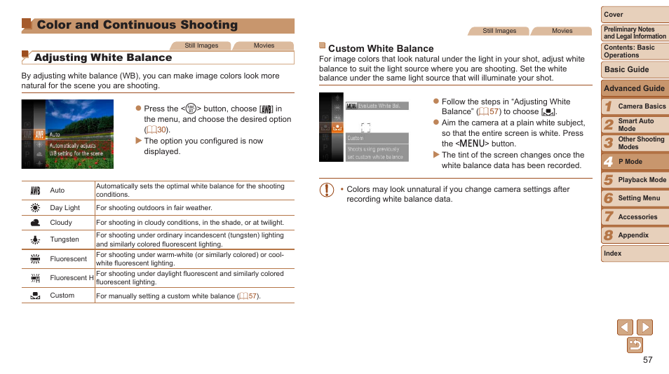 Color and continuous shooting, Color and continuous, Shooting | Adjusting white balance | Canon PowerShot A2600 User Manual | Page 57 / 124