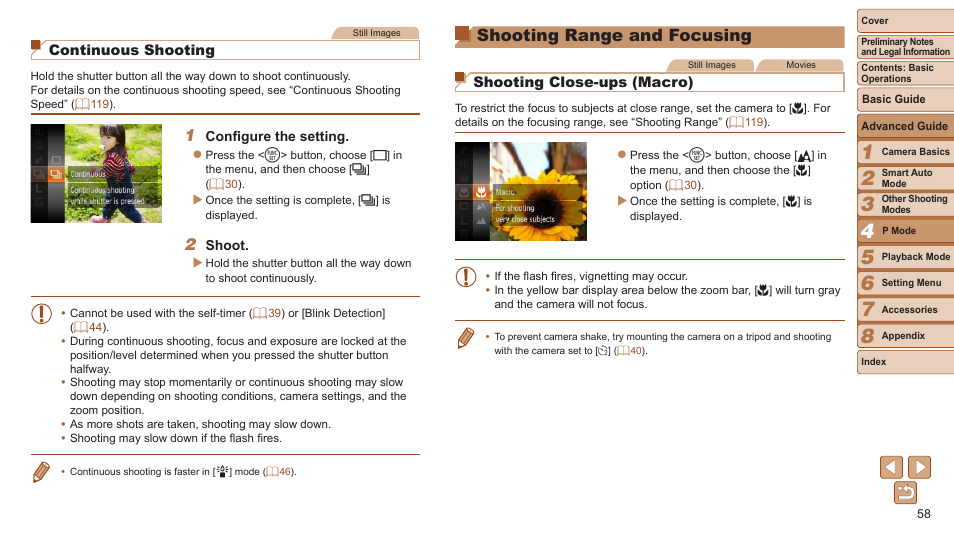 Shooting range and focusing, Shooting range and, Focusing | Continuous shooting, Shooting close-ups (macro) | Canon PowerShot A2600 User Manual | Page 58 / 124