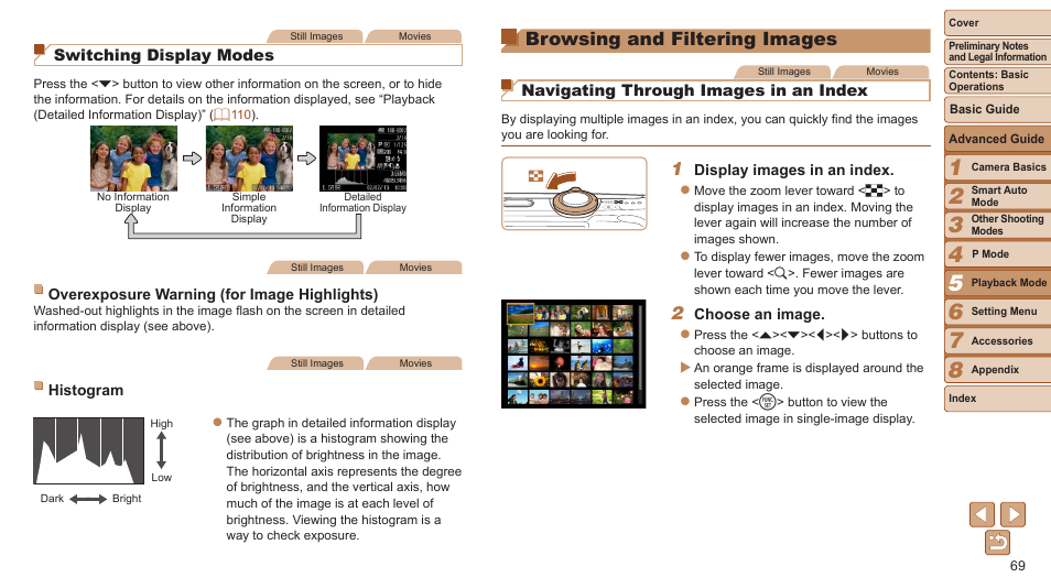 Browsing and filtering images, Browsing and filtering, Images | Switching display modes, Navigating through images in an index | Canon PowerShot A2600 User Manual | Page 69 / 124