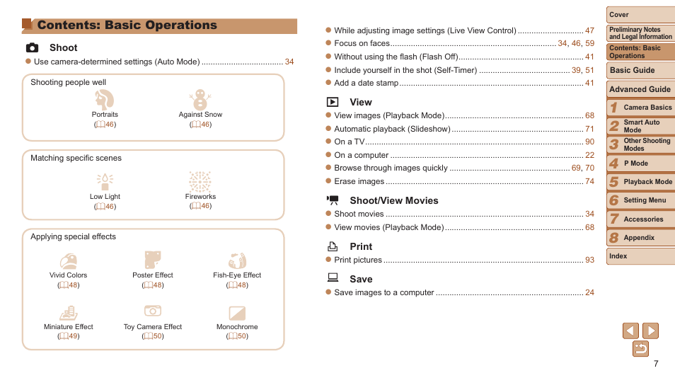 Contents: basic operations | Canon PowerShot A2600 User Manual | Page 7 / 124