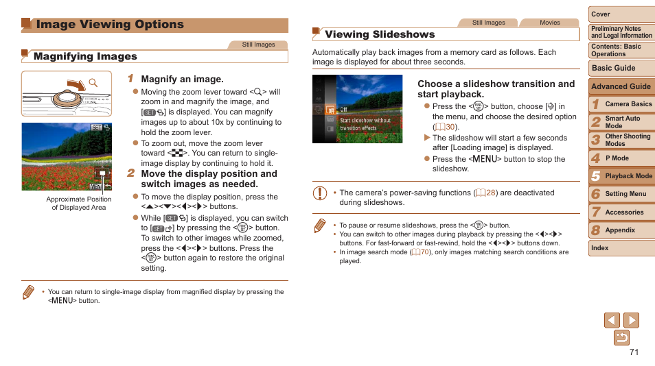Image viewing options, And “viewing, Slideshows | Magnifying images, Viewing slideshows | Canon PowerShot A2600 User Manual | Page 71 / 124