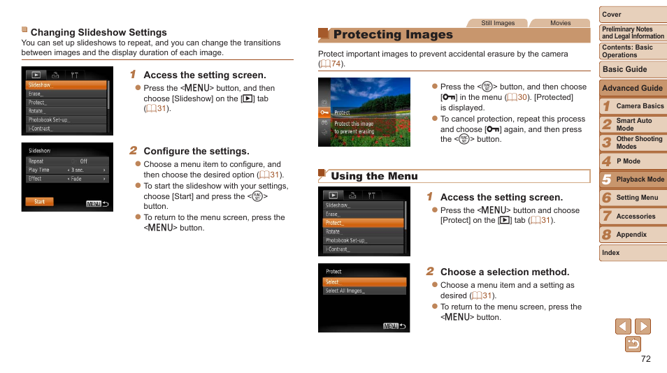 Protecting images, All images in search] in “protecting, Images | Erasing | Canon PowerShot A2600 User Manual | Page 72 / 124