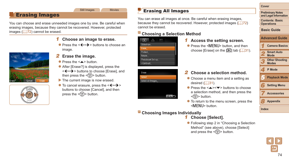 Erasing images, Or delete, These images all at once | All images, Adding images to the print | Canon PowerShot A2600 User Manual | Page 74 / 124