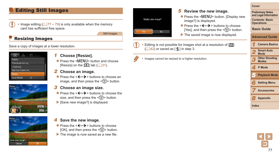 Editing still images, If you edit images and save them as new images | Canon PowerShot A2600 User Manual | Page 77 / 124