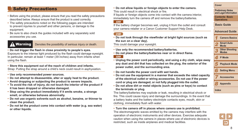 Safety precautions | Canon PowerShot A2600 User Manual | Page 8 / 124