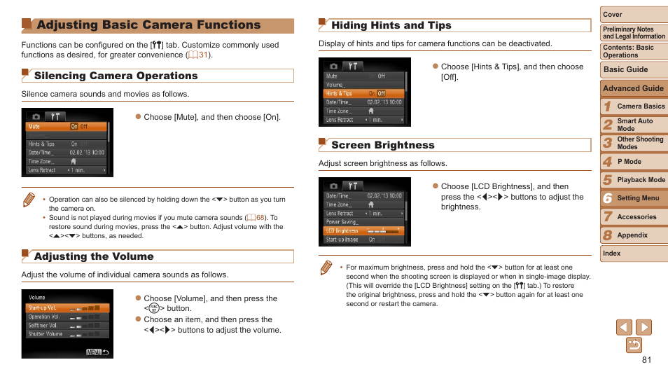 Adjusting basic camera, Functions, Adjusting basic camera functions | Silencing camera operations, Adjusting the volume, Hiding hints and tips, Screen brightness | Canon PowerShot A2600 User Manual | Page 81 / 124