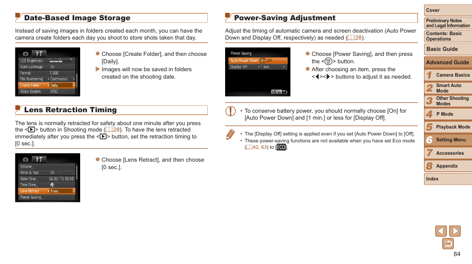 You prefer, Or connected to a, Date-based image storage | Lens retraction timing, Power-saving adjustment | Canon PowerShot A2600 User Manual | Page 84 / 124
