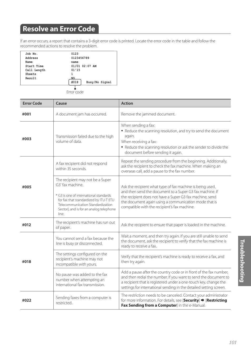 Resolve an error code, Resolve an error code ………………………………………………… 101 | Canon imageCLASS MF4890dw User Manual | Page 101 / 116