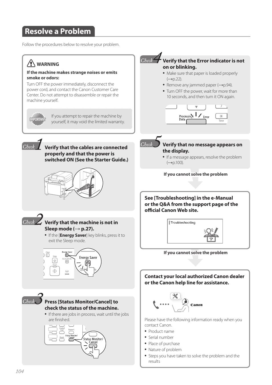 Resolve a problem, Resolve a problem …………………………………………………… 104 | Canon imageCLASS MF4890dw User Manual | Page 104 / 116