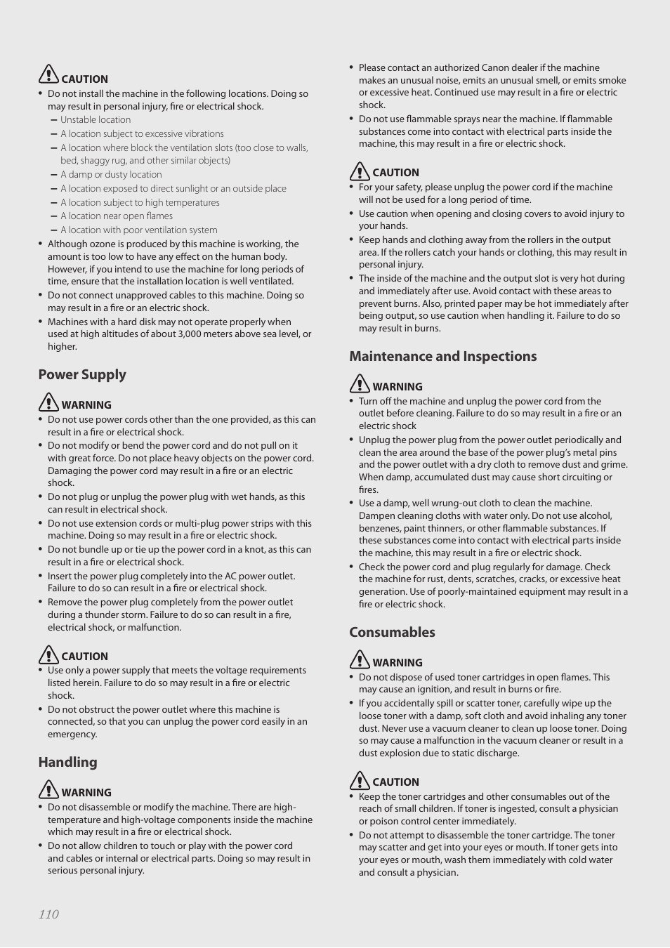 Power supply, Handling, Maintenance and inspections | Consumables | Canon imageCLASS MF4890dw User Manual | Page 110 / 116