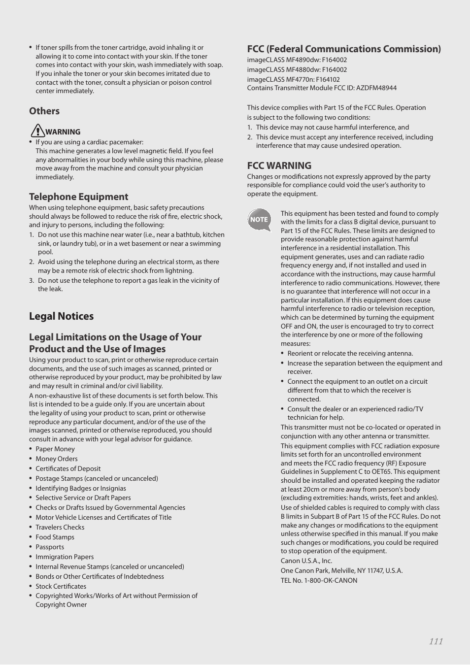 Legal notices, Legal notices ………………………………………………………… 111, Others | Telephone equipment, Fcc (federal communications commission), Fcc warning | Canon imageCLASS MF4890dw User Manual | Page 111 / 116