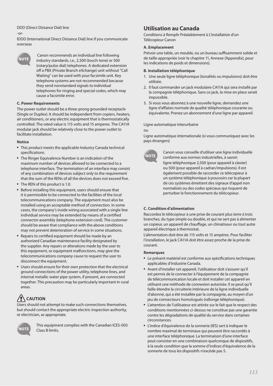 Utilisation au canada | Canon imageCLASS MF4890dw User Manual | Page 113 / 116