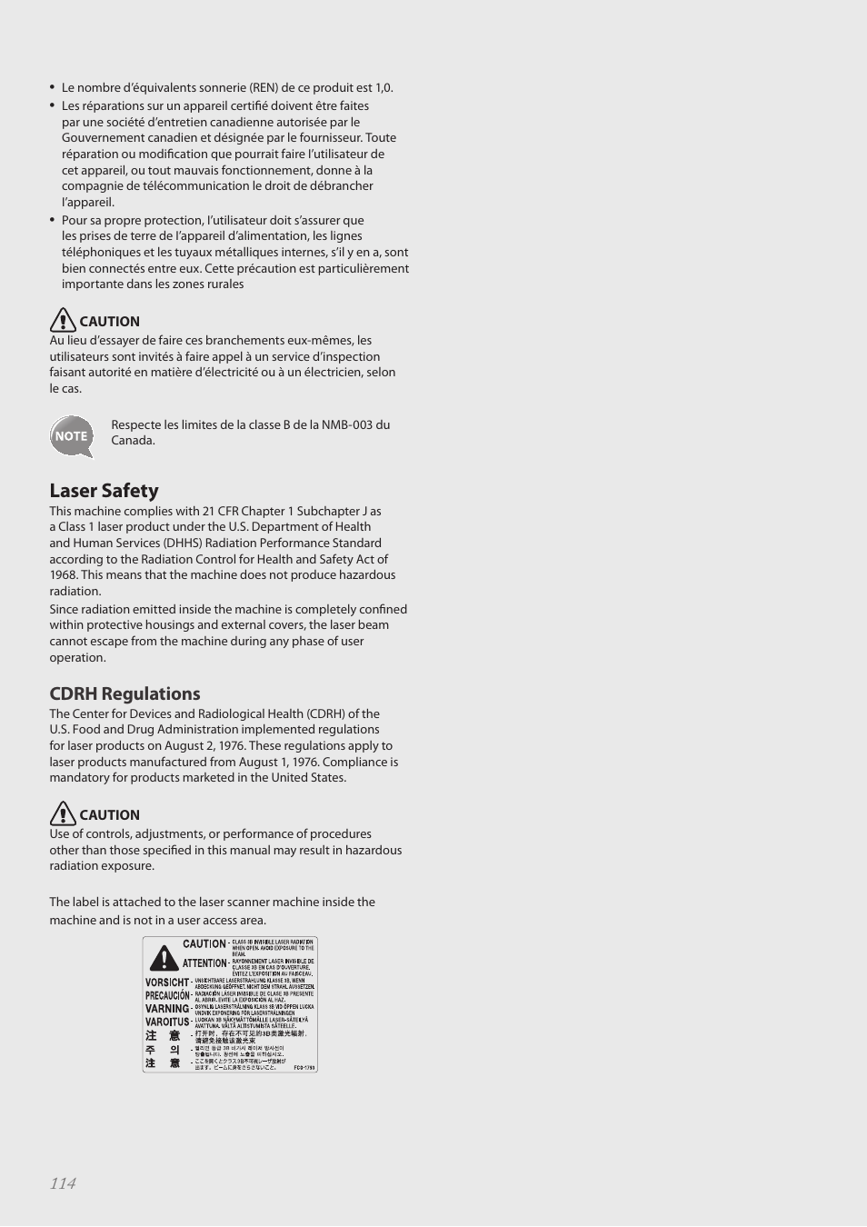 Laser safety, Laser safety …………………………………………………………… 114, Cdrh regulations | Canon imageCLASS MF4890dw User Manual | Page 114 / 116