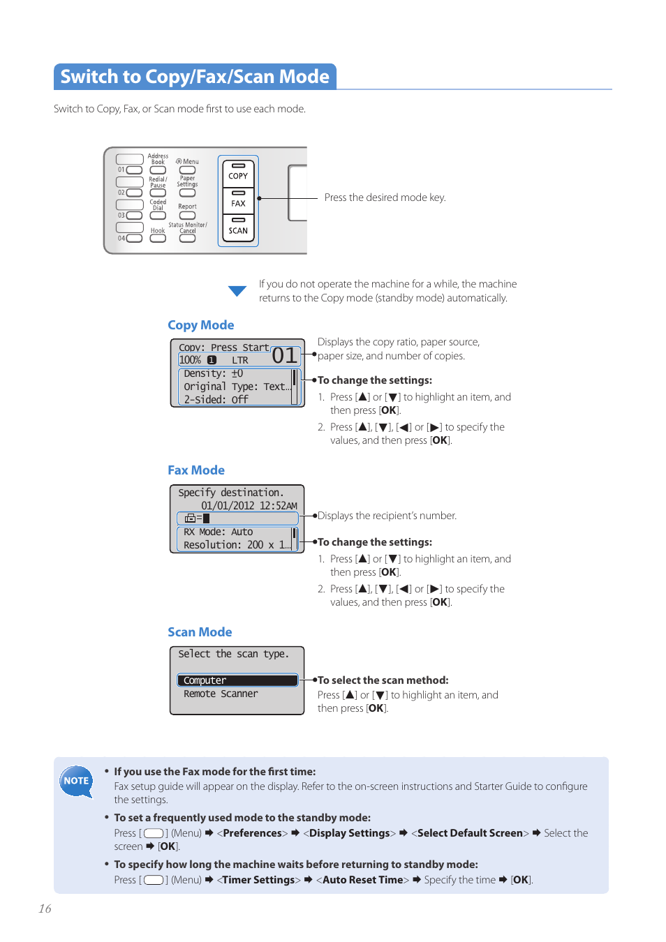 Switch to copy/fax/scan mode, Switch to copy/fax/scan mode ……………………………………… 16 | Canon imageCLASS MF4890dw User Manual | Page 16 / 116