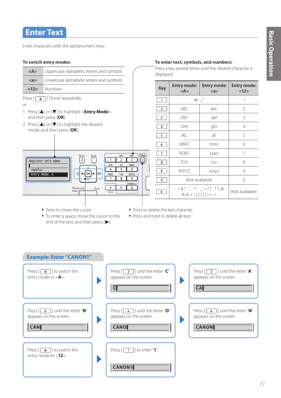 Enter text, Enter text …………………………………………………………… 17, Basic oper a tion | Canon imageCLASS MF4890dw User Manual | Page 17 / 116