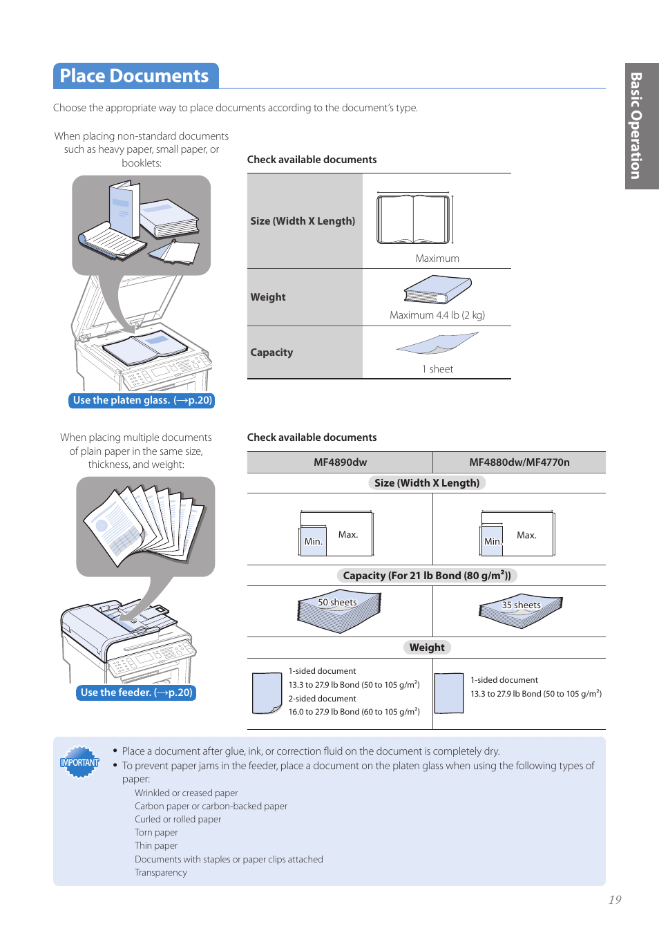 Place documents, Place documents …………………………………………………… 19, Basic oper a tion | Canon imageCLASS MF4890dw User Manual | Page 19 / 116