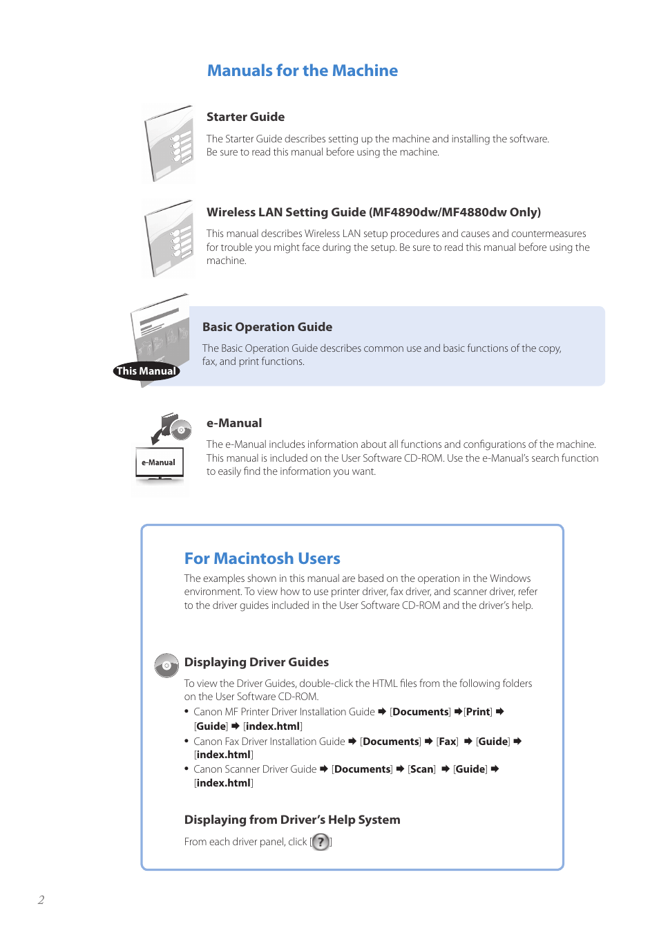 Manuals for the machine, For macintosh users | Canon imageCLASS MF4890dw User Manual | Page 2 / 116
