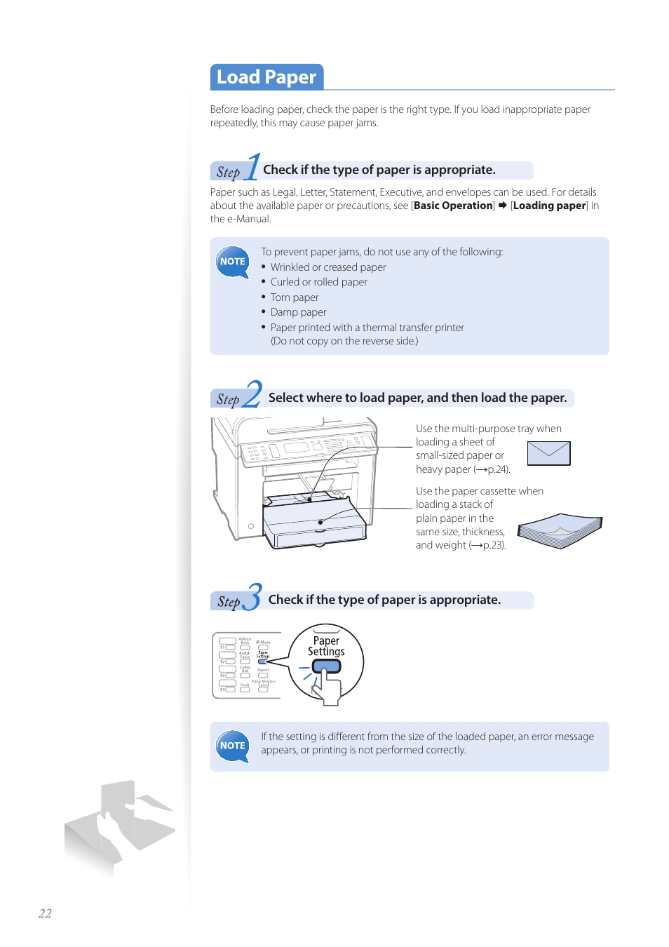 Load paper, Load paper …………………………………………………………… 22 | Canon imageCLASS MF4890dw User Manual | Page 22 / 116