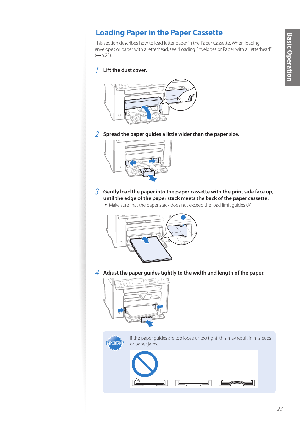Loading paper in the paper cassette, Basic oper a tion | Canon imageCLASS MF4890dw User Manual | Page 23 / 116