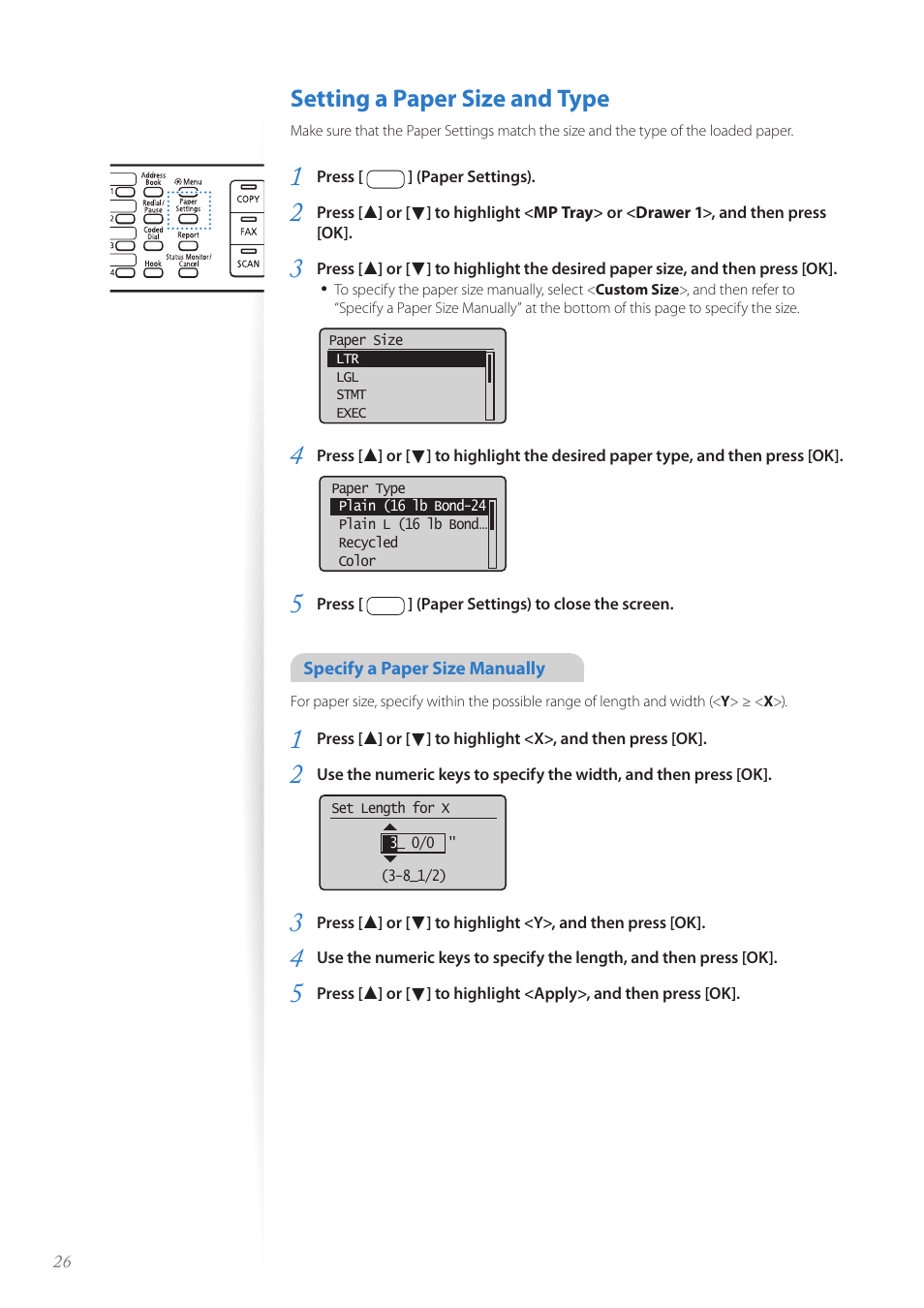 Setting a paper size and type, Setting a paper size and type ……………………………………… 26, P.26 | Canon imageCLASS MF4890dw User Manual | Page 26 / 116