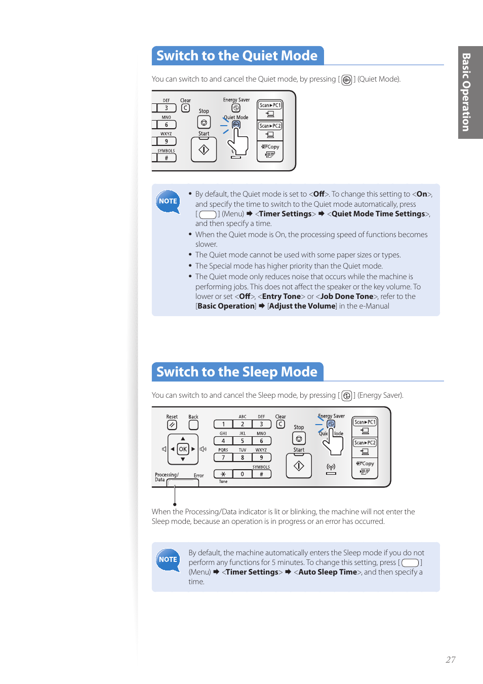 Switch to the quiet mode, Switch to the sleep mode, Basic oper a tion | Canon imageCLASS MF4890dw User Manual | Page 27 / 116