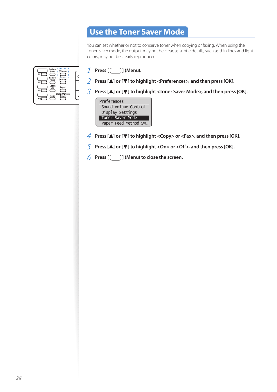 Use the toner saver mode, Use the toner saver mode …………………………………………… 28 | Canon imageCLASS MF4890dw User Manual | Page 28 / 116