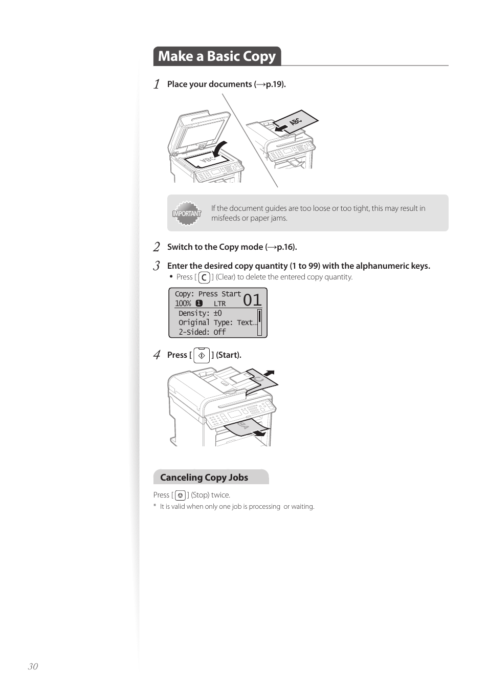 Make a basic copy, Make a basic copy …………………………………………………… 30, Make a basic copy 1 | Canon imageCLASS MF4890dw User Manual | Page 30 / 116