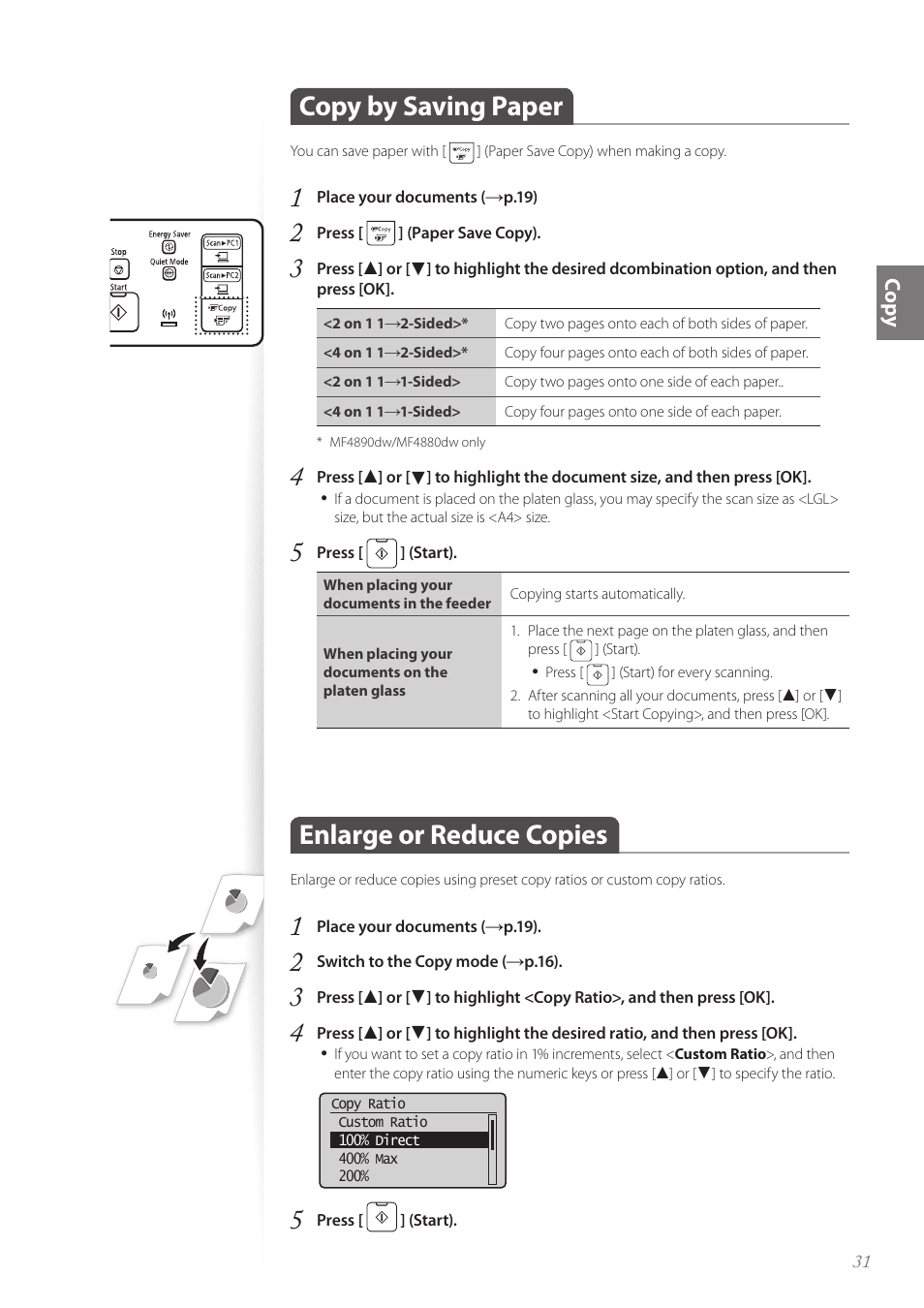 Copy by saving paper, Enlarge or reduce copies, Co py | Canon imageCLASS MF4890dw User Manual | Page 31 / 116