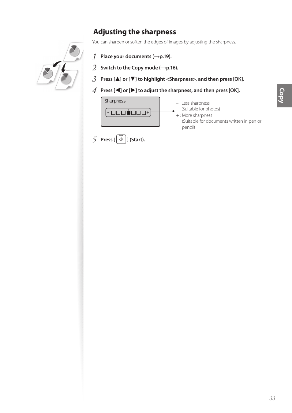 Adjusting the sharpness, Adjusting the sharpness …………………………………………… 33 | Canon imageCLASS MF4890dw User Manual | Page 33 / 116