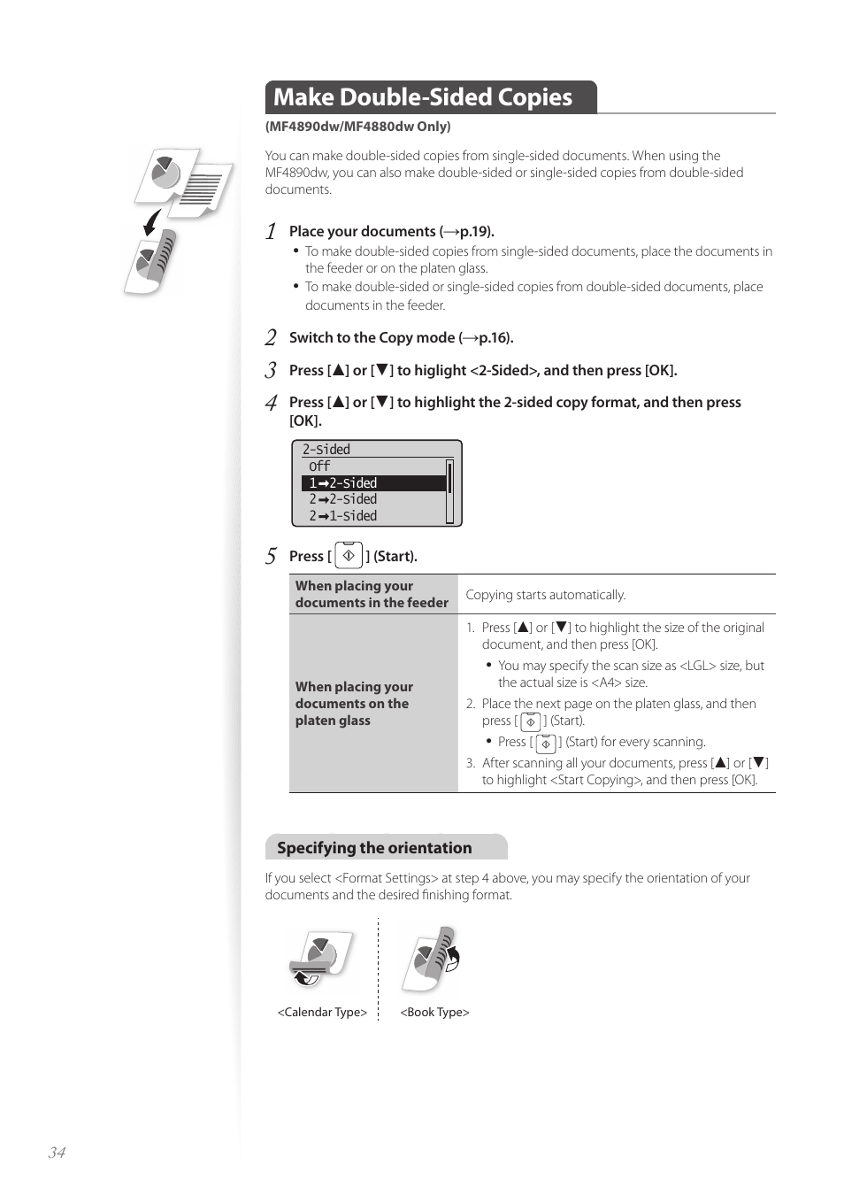 Make double-sided copies (mf4890dw/mf4880dw only), Make double-sided copies | Canon imageCLASS MF4890dw User Manual | Page 34 / 116