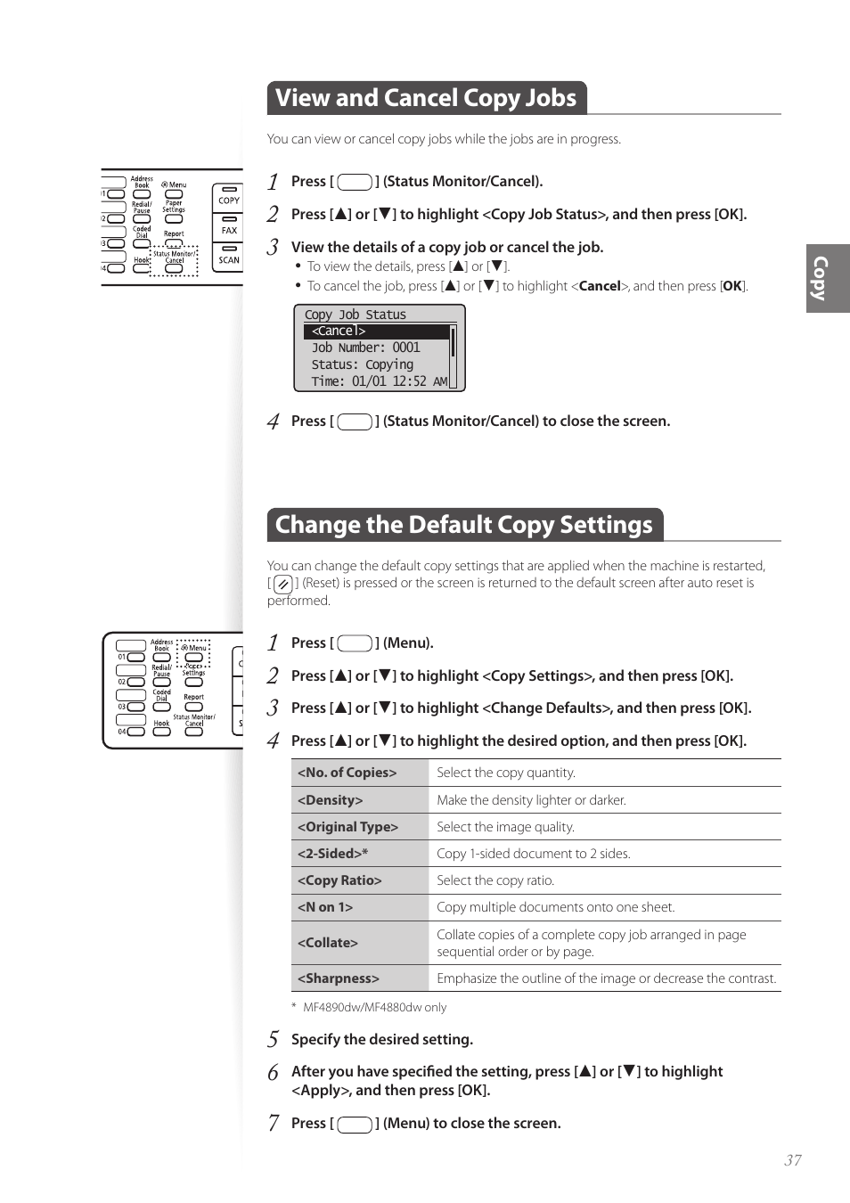 View and cancel copy jobs, Change the default copy settings, P.37 | Co py | Canon imageCLASS MF4890dw User Manual | Page 37 / 116