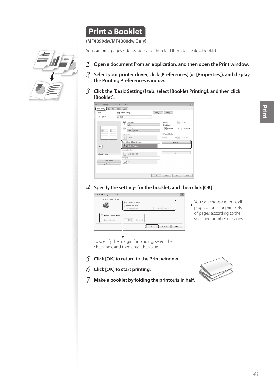 Print a booklet (mf4890dw/mf4880dw only), Print a booklet | Canon imageCLASS MF4890dw User Manual | Page 43 / 116