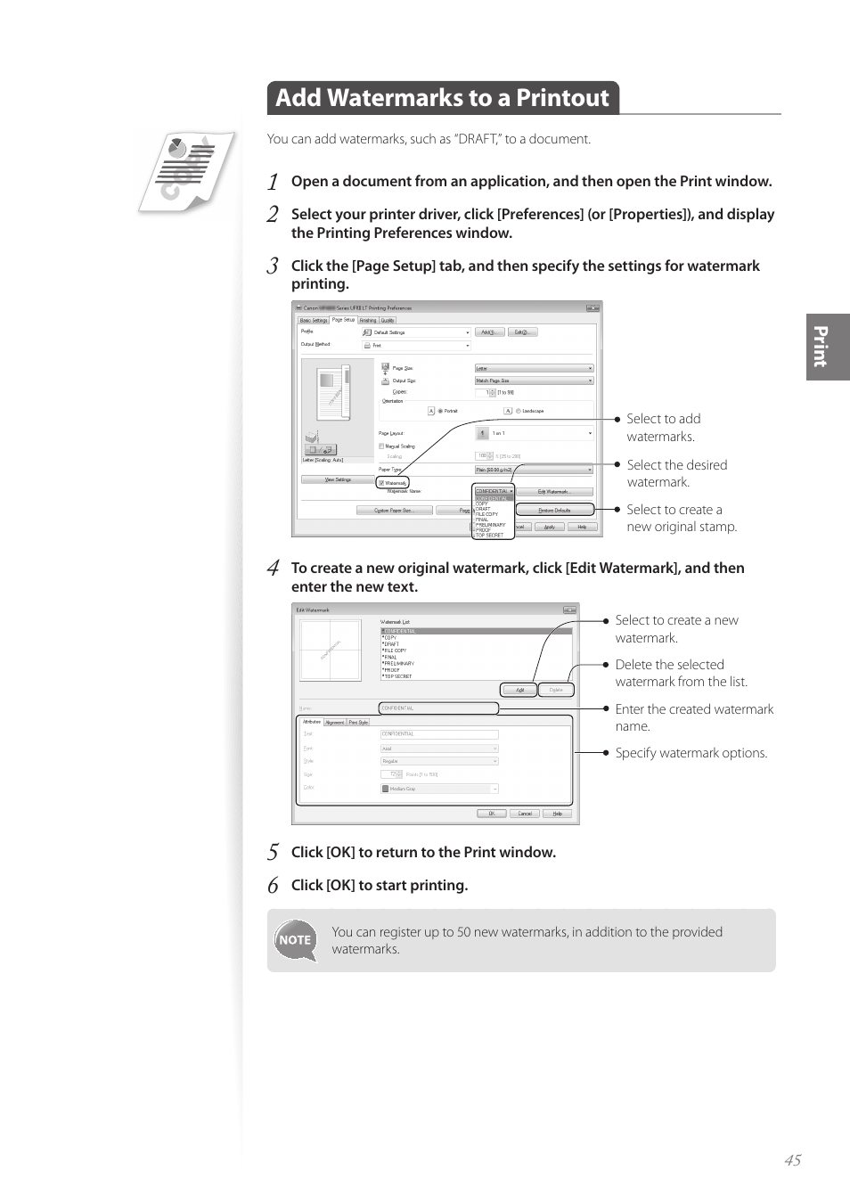 Add watermarks to a printout, Add watermarks to a printout ……………………………………… 45 | Canon imageCLASS MF4890dw User Manual | Page 45 / 116