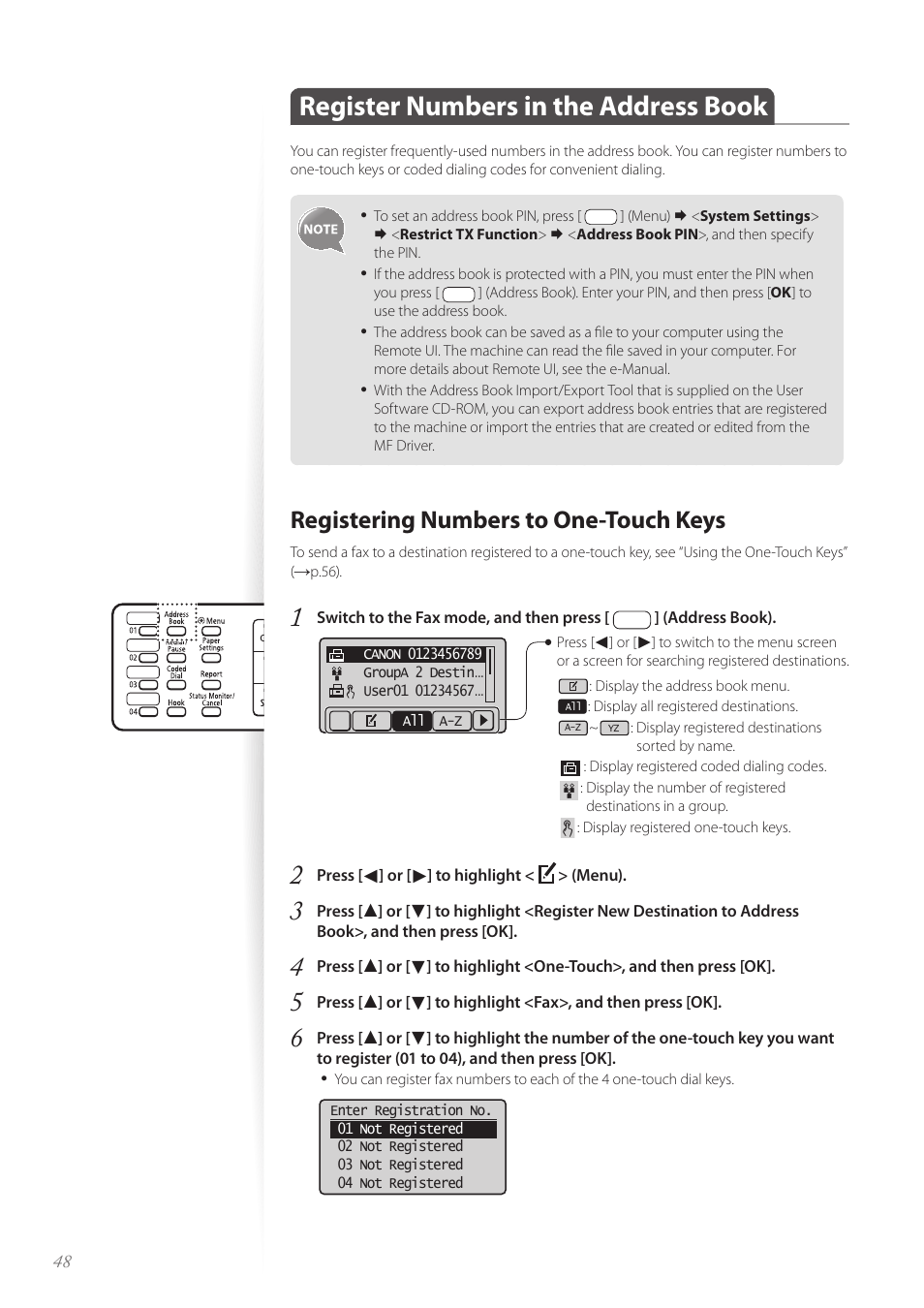 Register numbers in the address book, Registering numbers to one-touch keys | Canon imageCLASS MF4890dw User Manual | Page 48 / 116