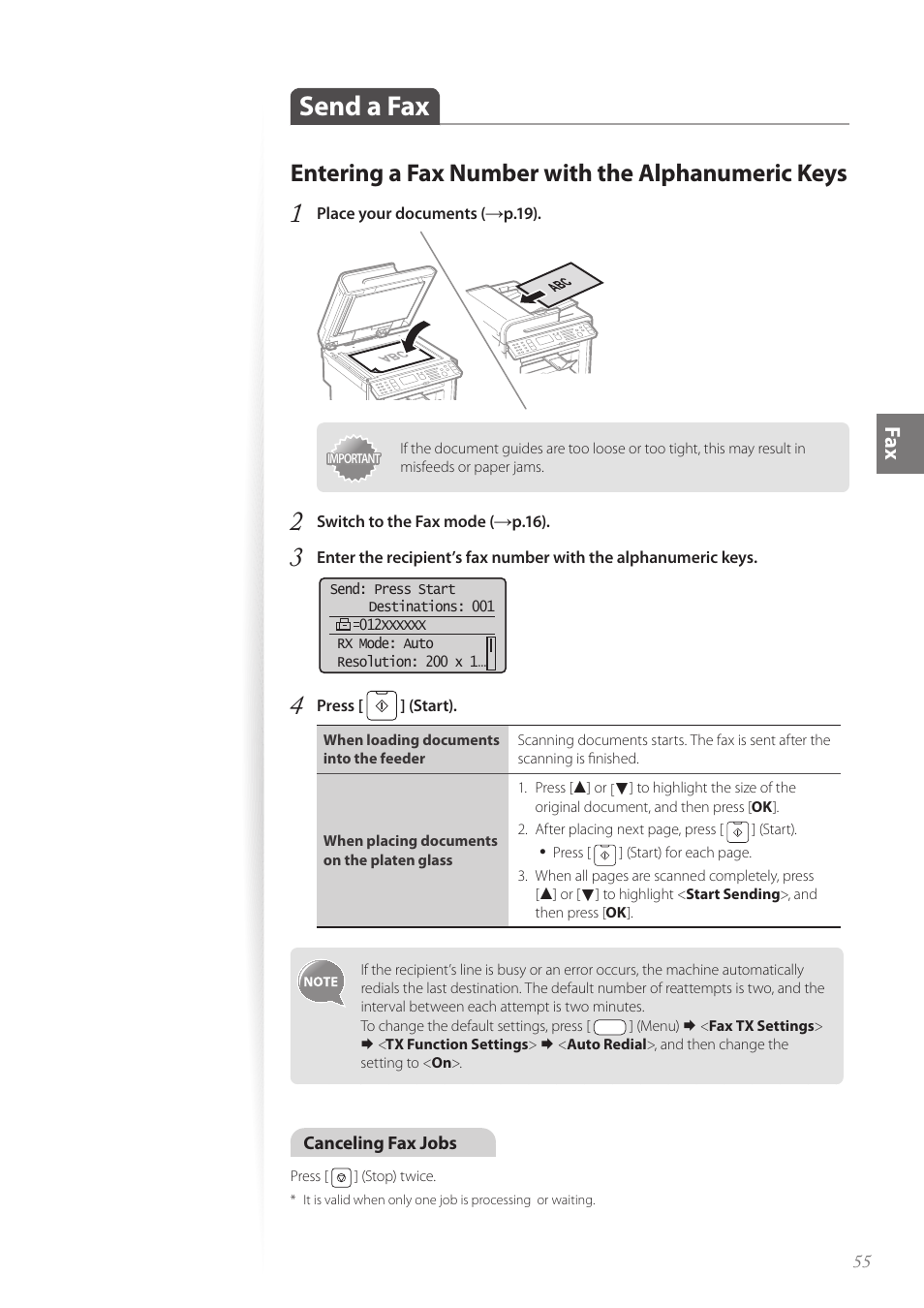 Send a fax, Entering a fax number with the alphanumeric keys, Send a fax …………………………………………………………… 55 | Fa x | Canon imageCLASS MF4890dw User Manual | Page 55 / 116