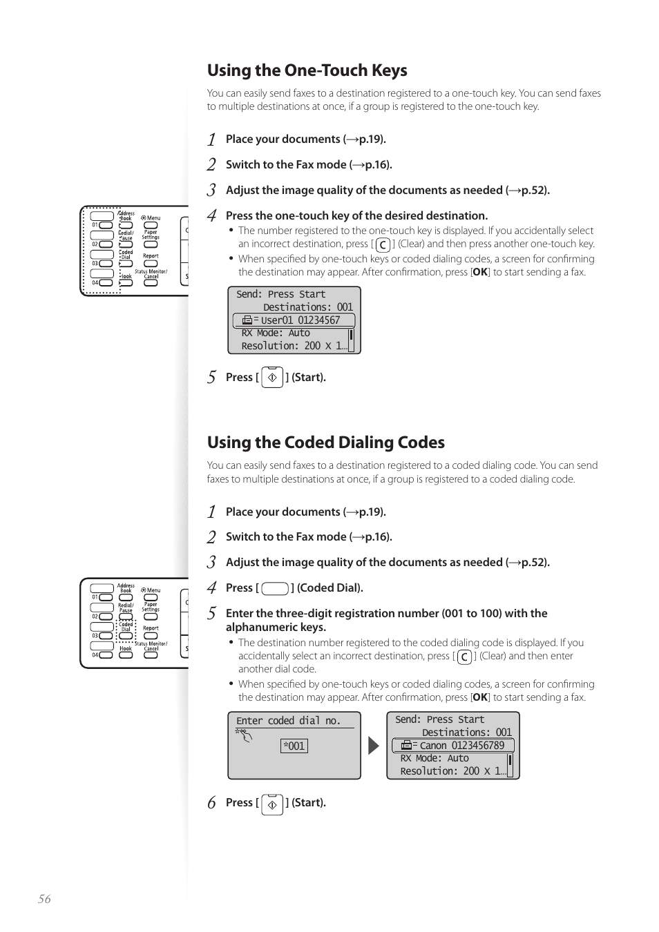 Using the one-touch keys, Using the coded dialing codes, P.56 | Canon imageCLASS MF4890dw User Manual | Page 56 / 116