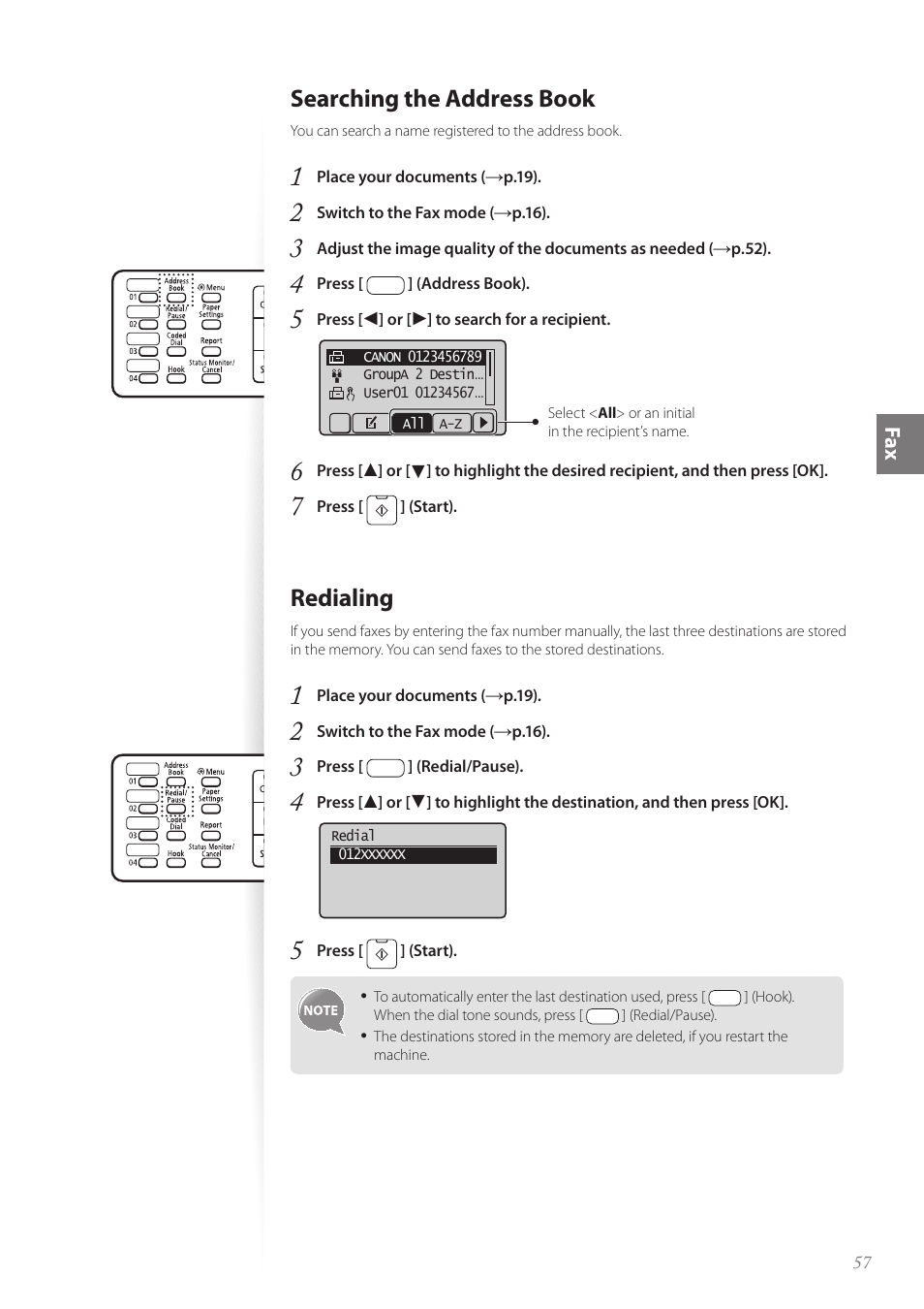 Searching the address book, Redialing, P.57 | Canon imageCLASS MF4890dw User Manual | Page 57 / 116