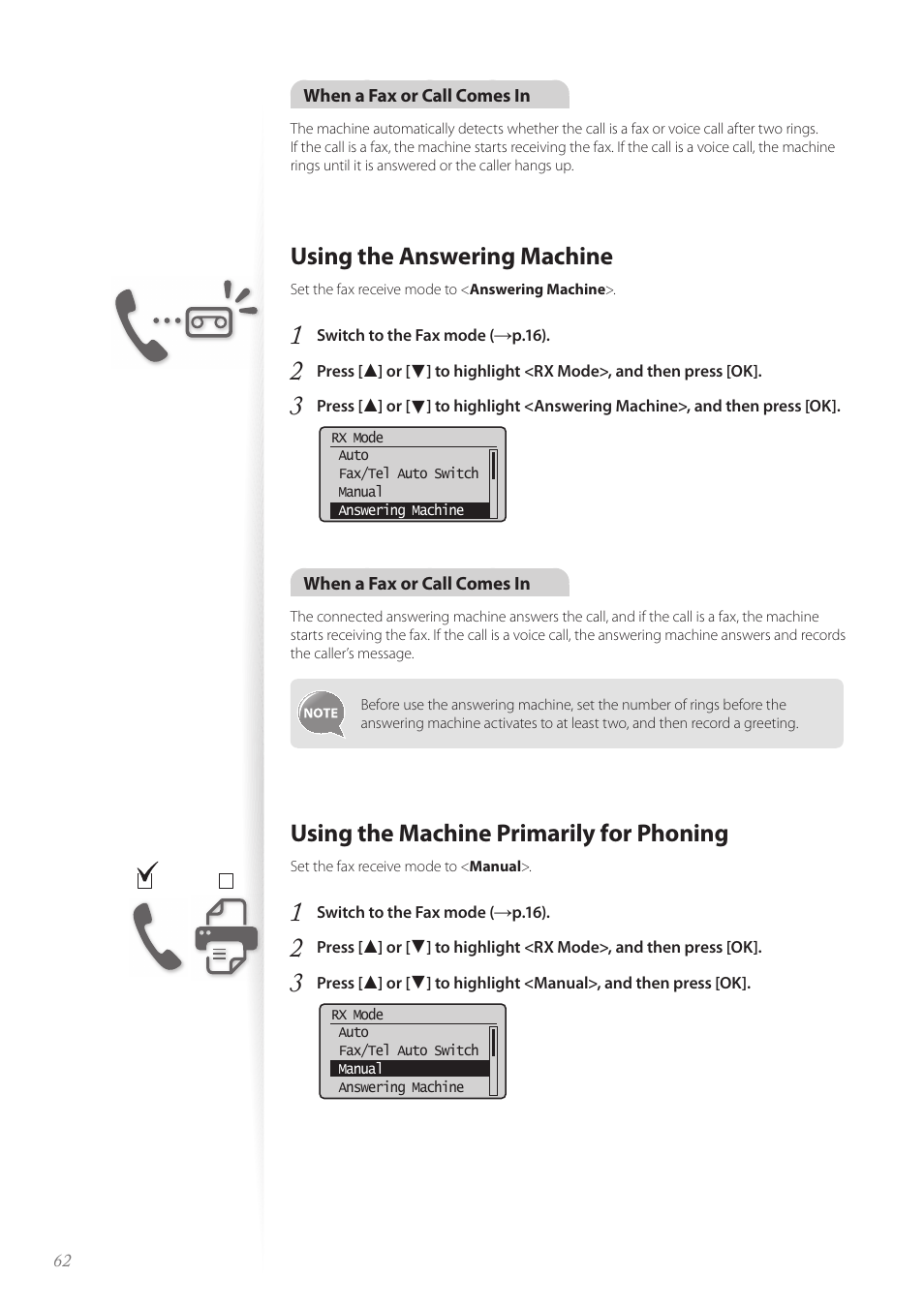 Using the answering machine, Using the machine primarily for phoning | Canon imageCLASS MF4890dw User Manual | Page 62 / 116