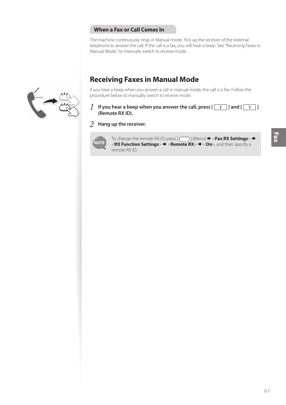 Receiving faxes in manual mode, Receiving faxes in manual mode …………………………………… 63 | Canon imageCLASS MF4890dw User Manual | Page 63 / 116